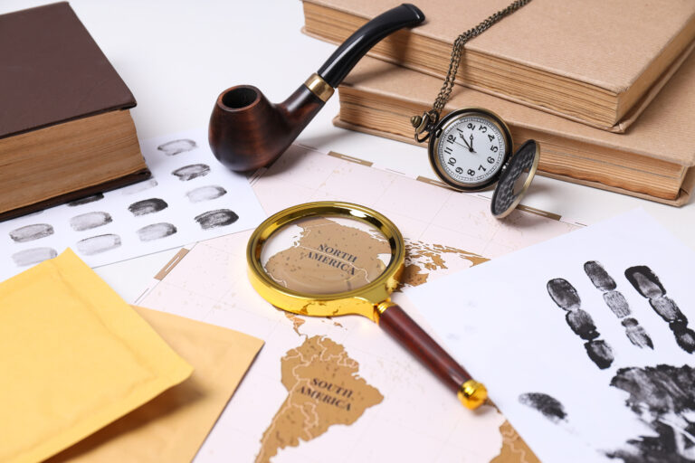 Magnifying glass with fingerprints on a white background